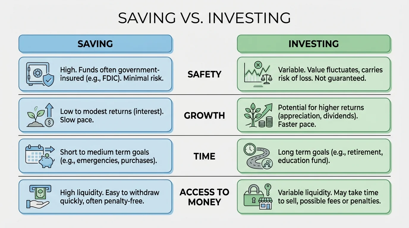 Comparison chart with two columns labeled saving and investing, rows for safety, growth, time, and access to money