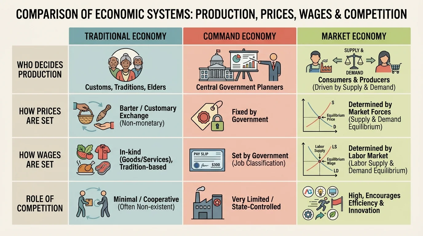 comparison chart of traditional, command, and market economies with rows for who decides production, how prices are set, how wages are set, and role of competition