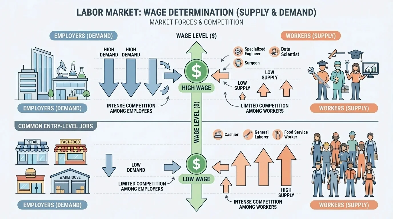 labor market with employers demanding workers, workers supplying labor, wage level in the center, and examples of scarce high-skill jobs and common entry-level jobs