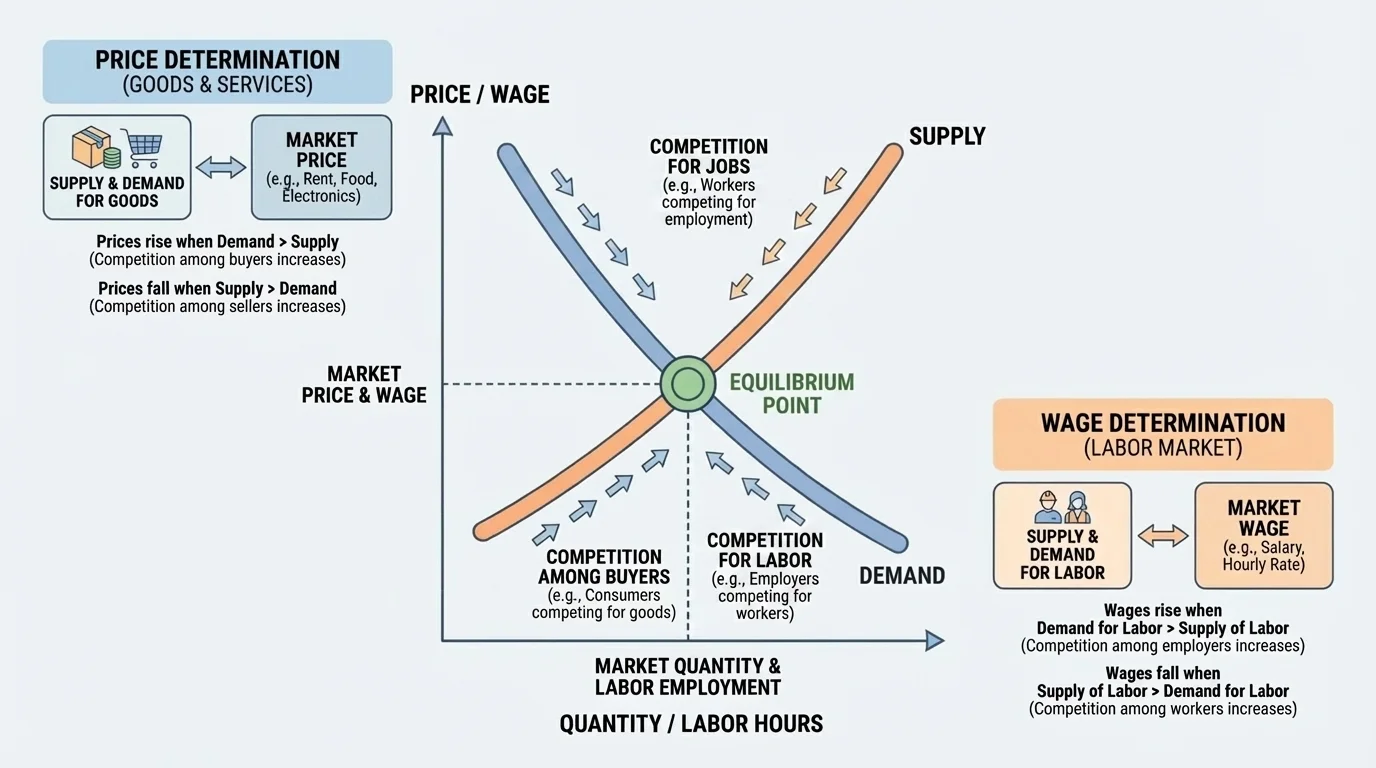 basic supply and demand graph with a downward demand curve, upward supply curve, and equilibrium point labeled market price and quantity
