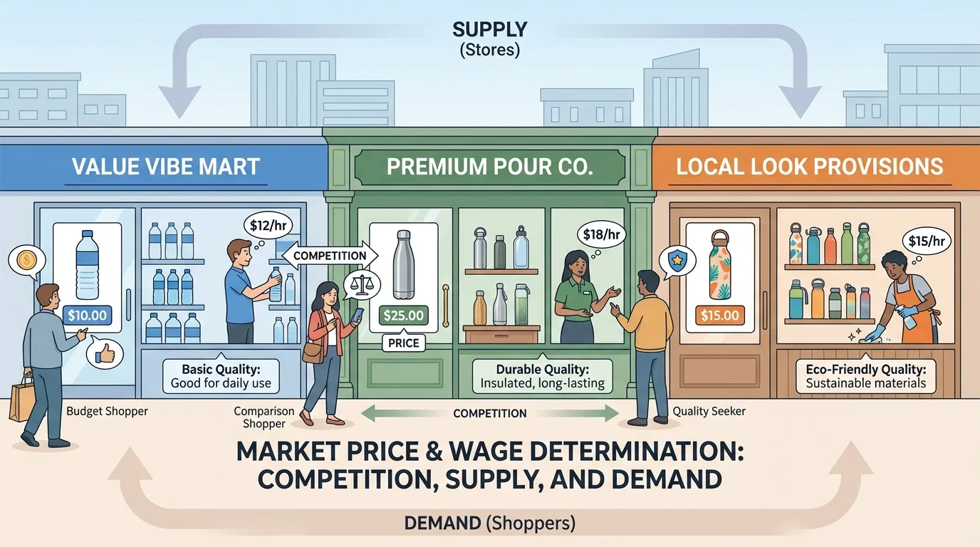 three nearby stores selling similar water bottles with different price tags, quality signs, and shoppers comparing options