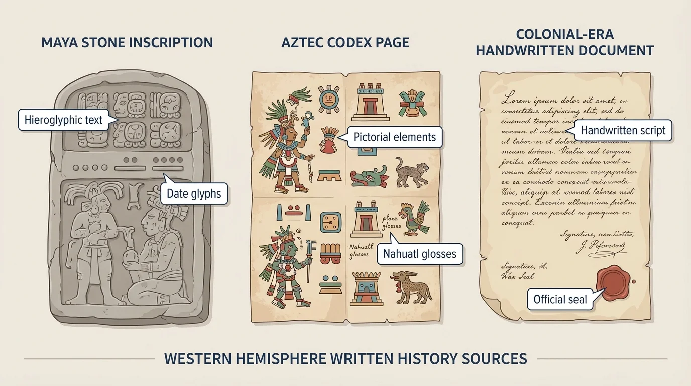 Different written history sources in the Western Hemisphere: a Maya stone inscription, an Aztec codex page, and a colonial-era handwritten document side by side
