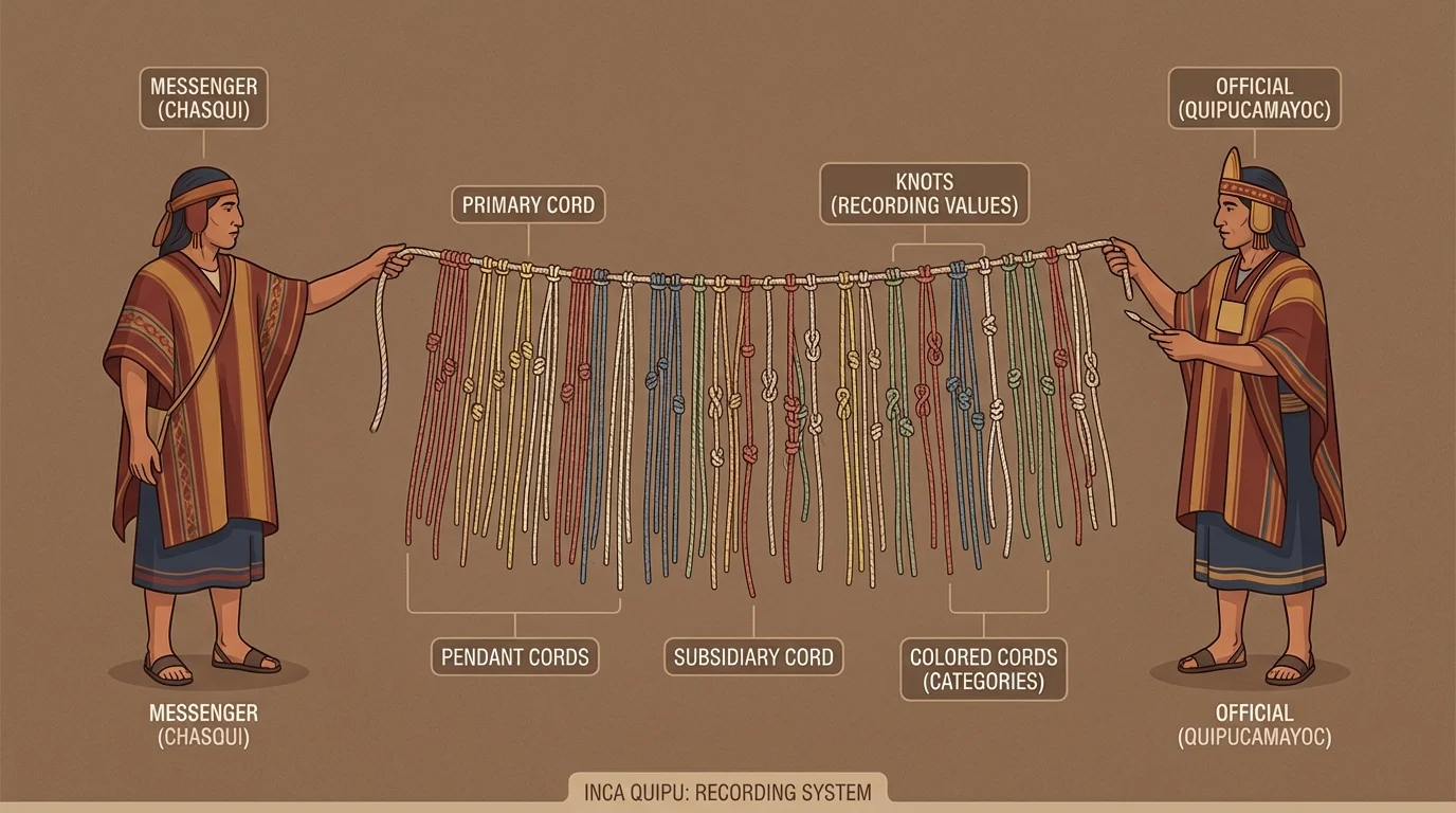 Inca quipu with colored knotted cords held by a messenger and an official, showing knots used to record information