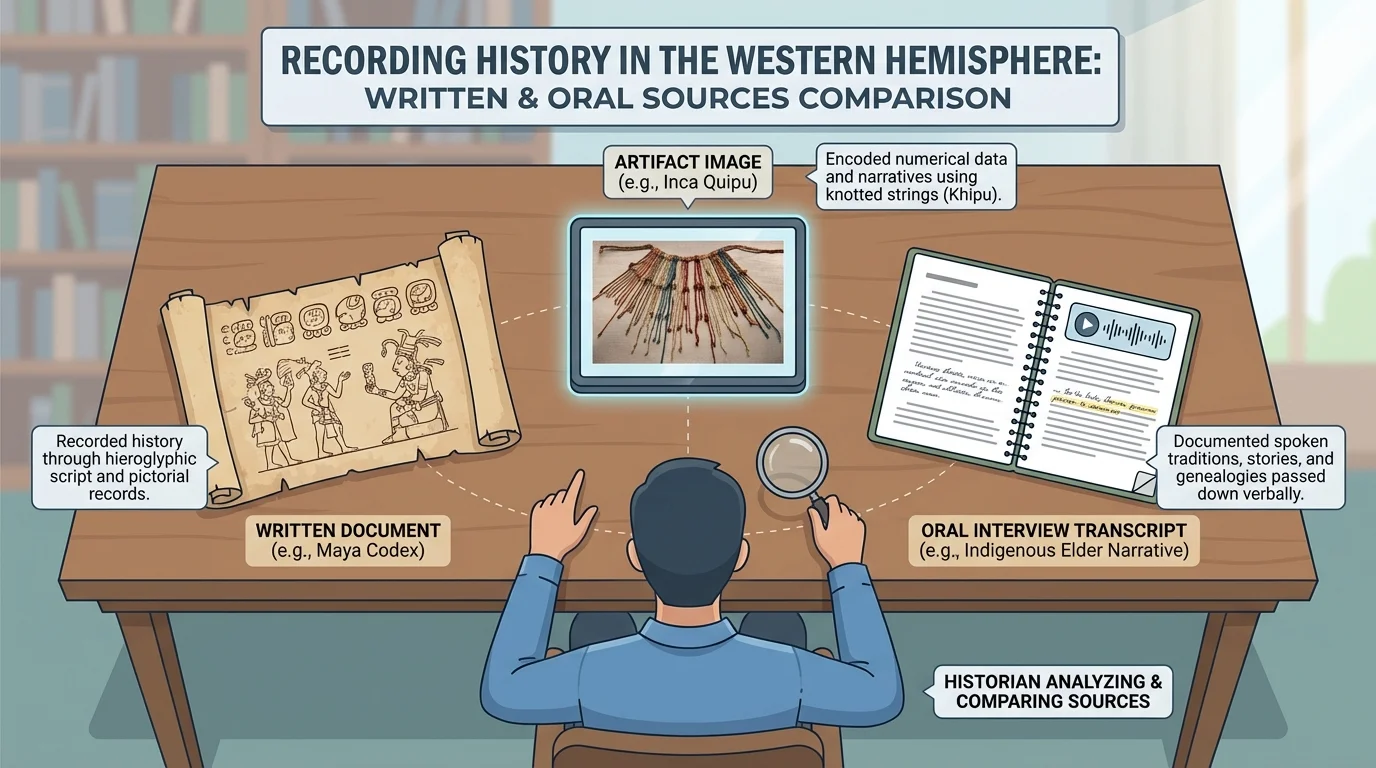 Historian comparing a written document, an artifact image, and an oral interview transcript on a desk