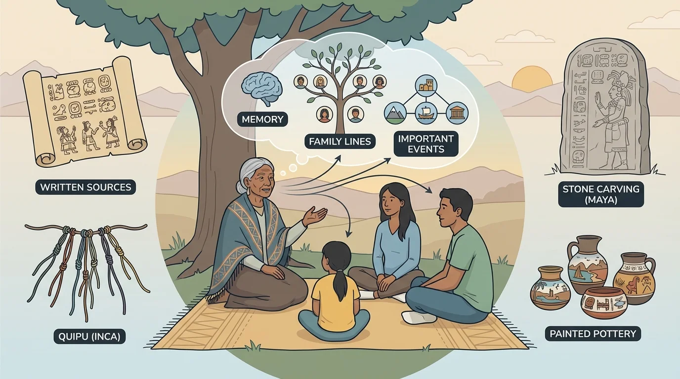 Elder telling a story to younger community members in a circle, with visual cues of memory, family lines, and important events