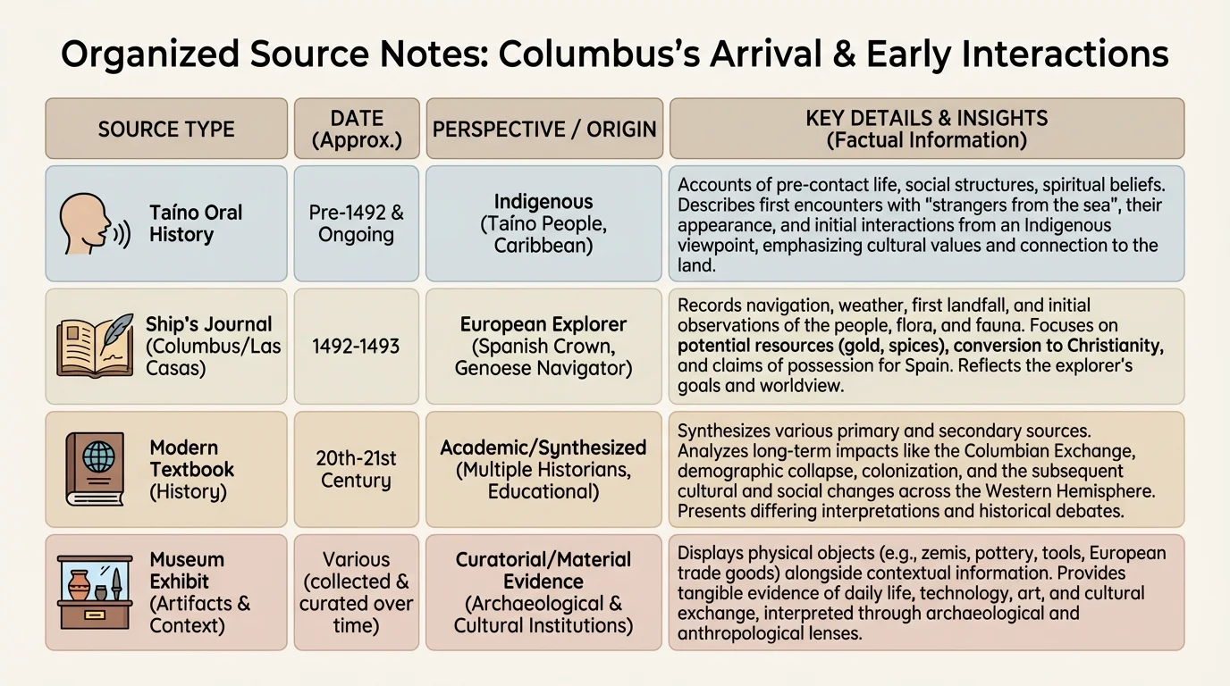 organized source notes table about Columbus's arrival with columns labeled source type, date, perspective, and useful details, including Taíno oral history, ship journal, textbook, and museum exhibit