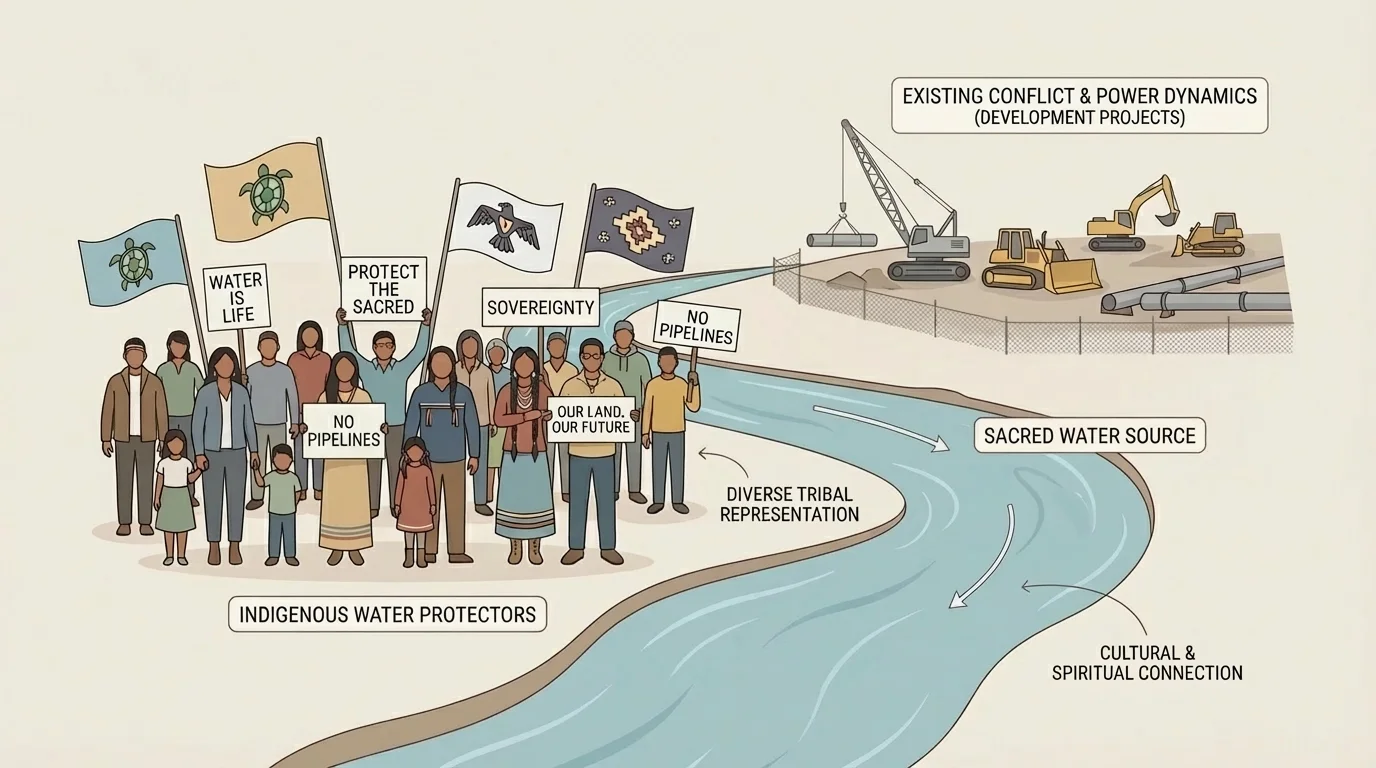 illustration of Indigenous water protectors near a river with signs, tribal flags, and construction equipment in the distance