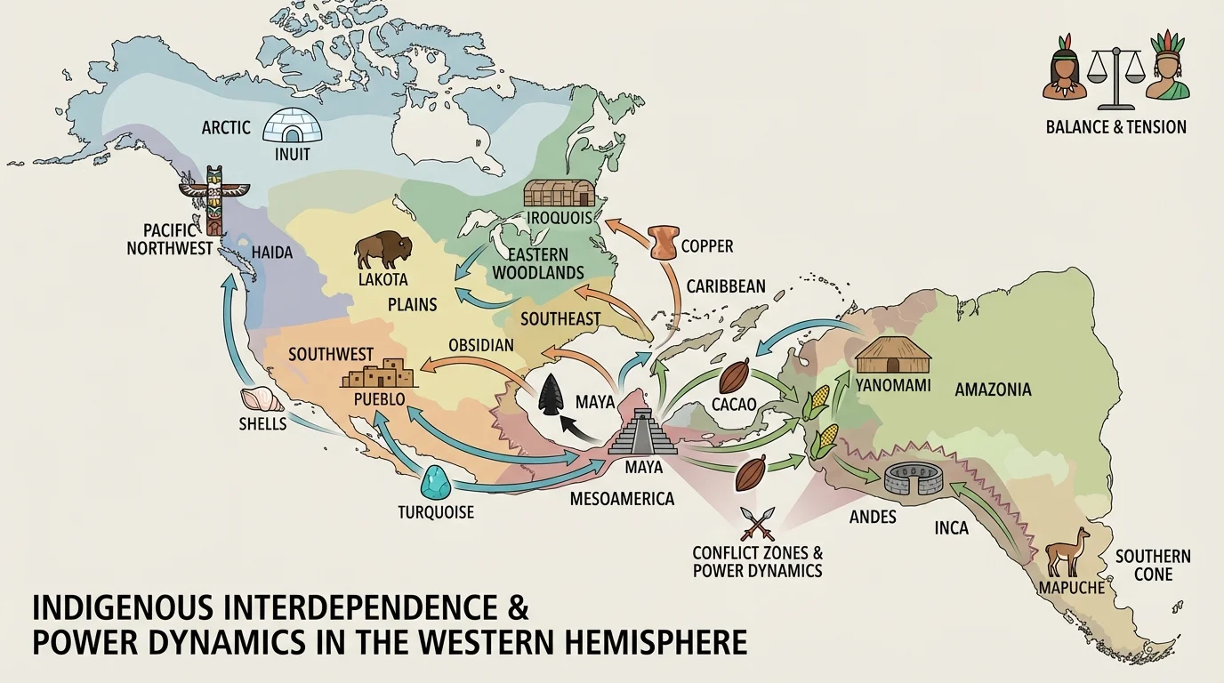 map showing major Indigenous trade routes with examples such as turquoise, obsidian, shells, copper, cacao, and maize moving between regions