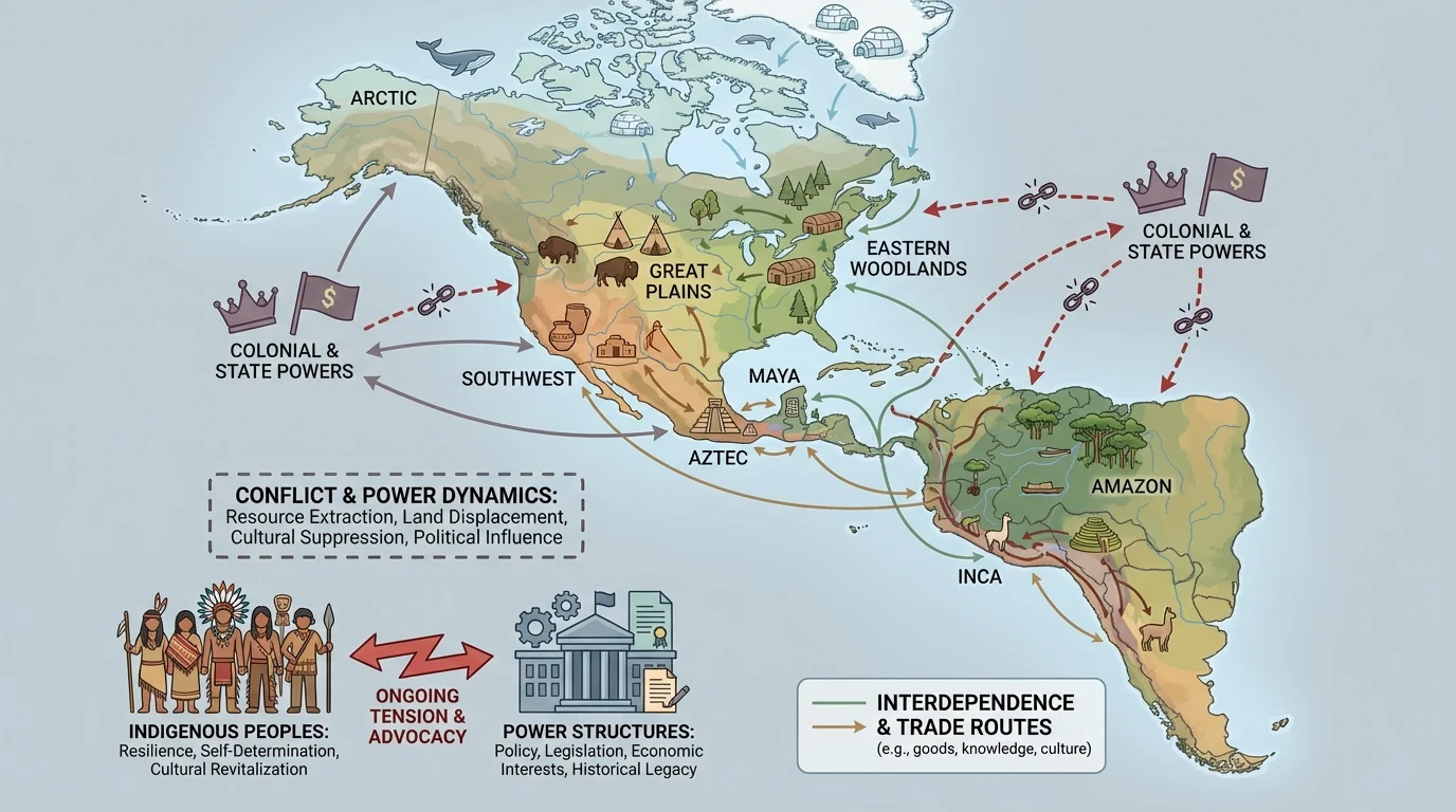 map of the Western Hemisphere labeling Maya, Aztec, Inca, Eastern Woodlands, Great Plains, Southwest, Arctic, and Amazon regions