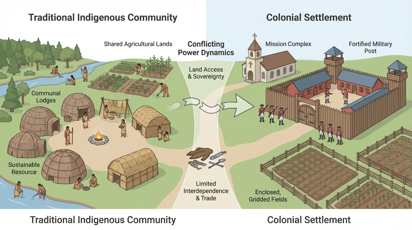 illustration comparing an Indigenous village landscape with a colonial settlement including fort, mission, fenced fields, and soldiers