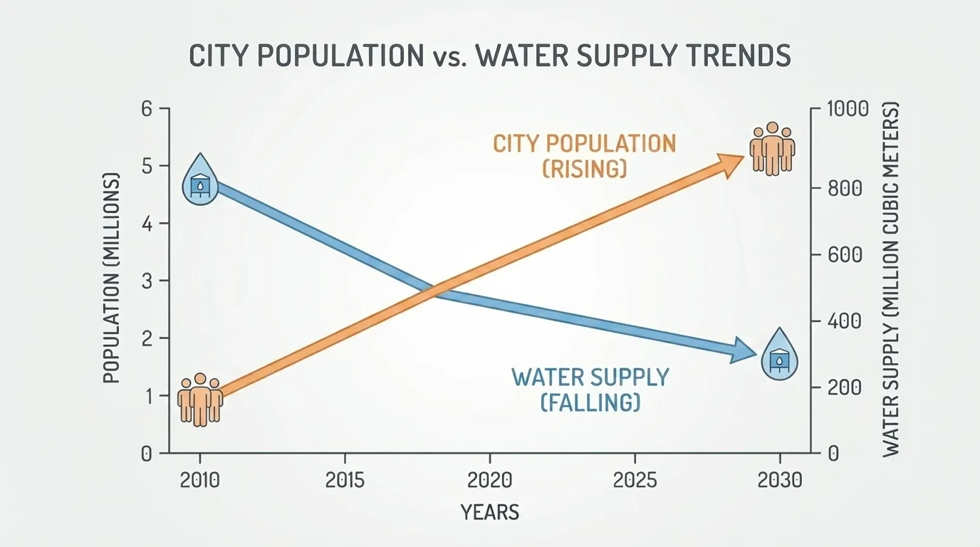 simple line graph showing city population rising over several years while water supply line falls, with clear axis labels and trend contrast