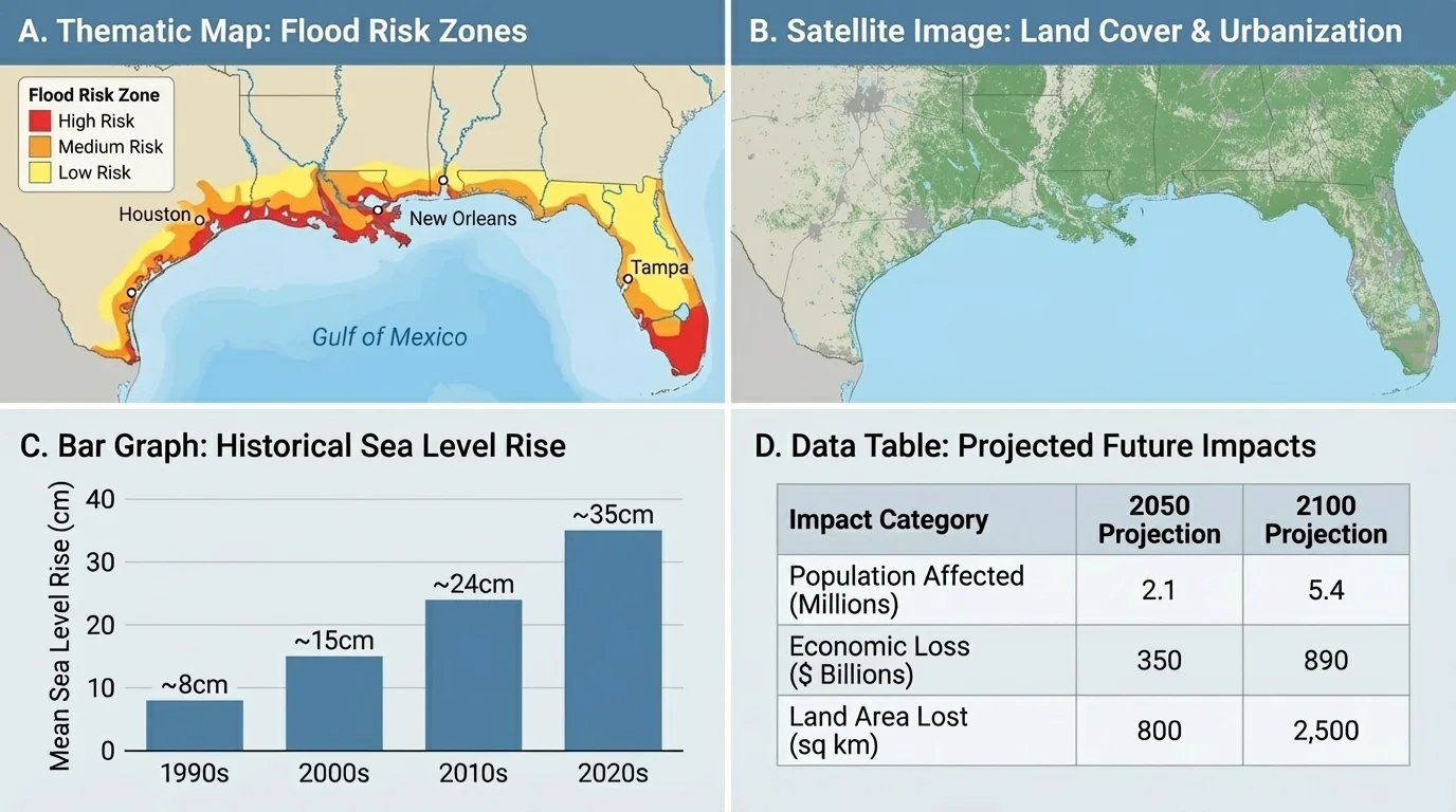 map, satellite image, bar graph, and data table comparing one Western Hemisphere region such as the Gulf Coast, with concise labels for each source