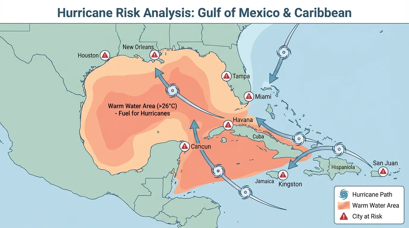map of the Gulf of Mexico and Caribbean showing hurricane paths, warm water area, and coastal cities at risk