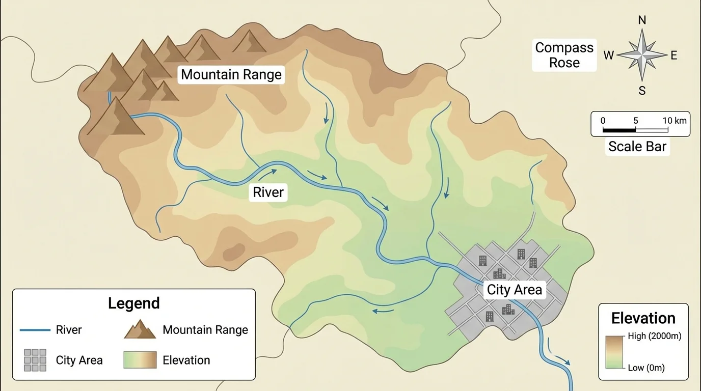 labeled map with compass rose, scale bar, legend, elevation shading, a river, mountains, and a city pattern showing how map features are read