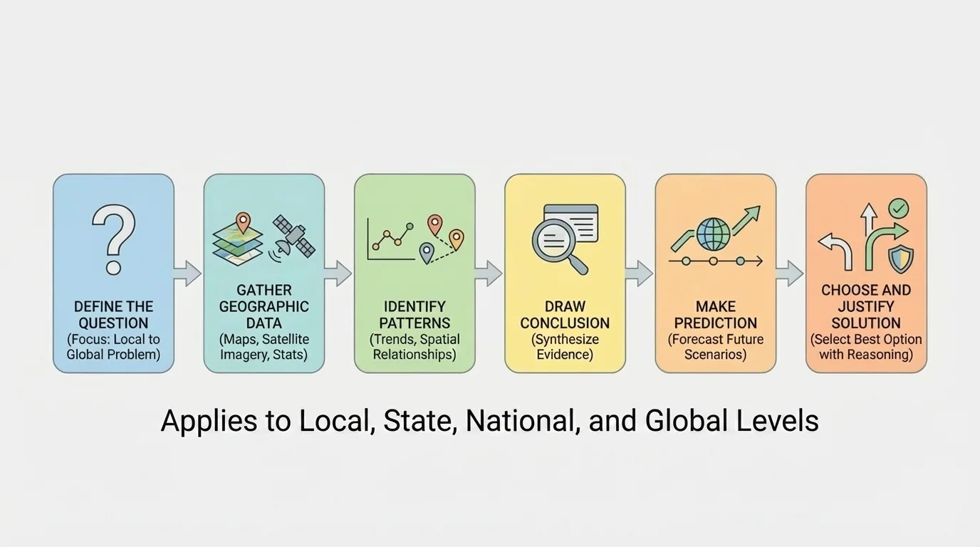 flowchart showing question, gather data, identify patterns, draw conclusion, make prediction, choose and justify solution