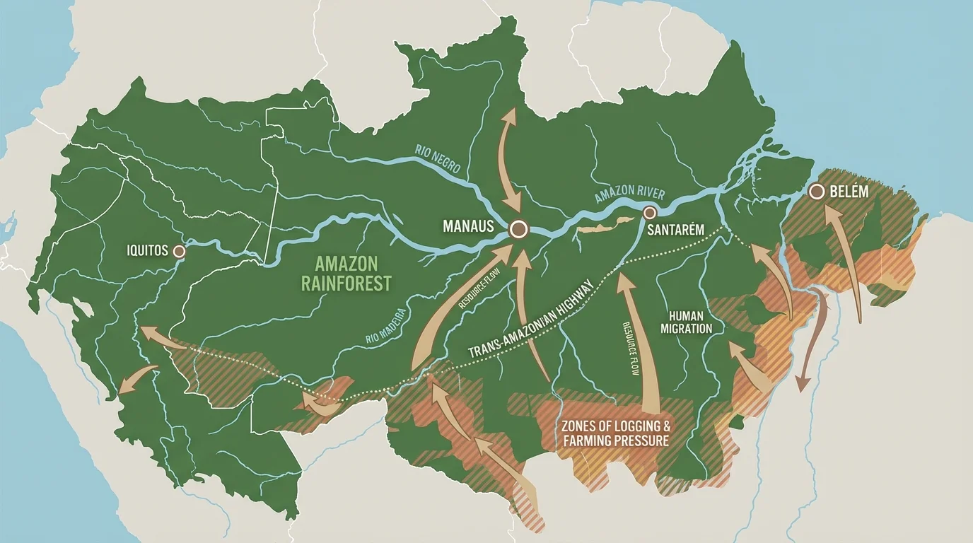 map of the Amazon Basin showing rainforest area, the main Amazon River and tributaries, selected cities, and zones of logging or farming pressure