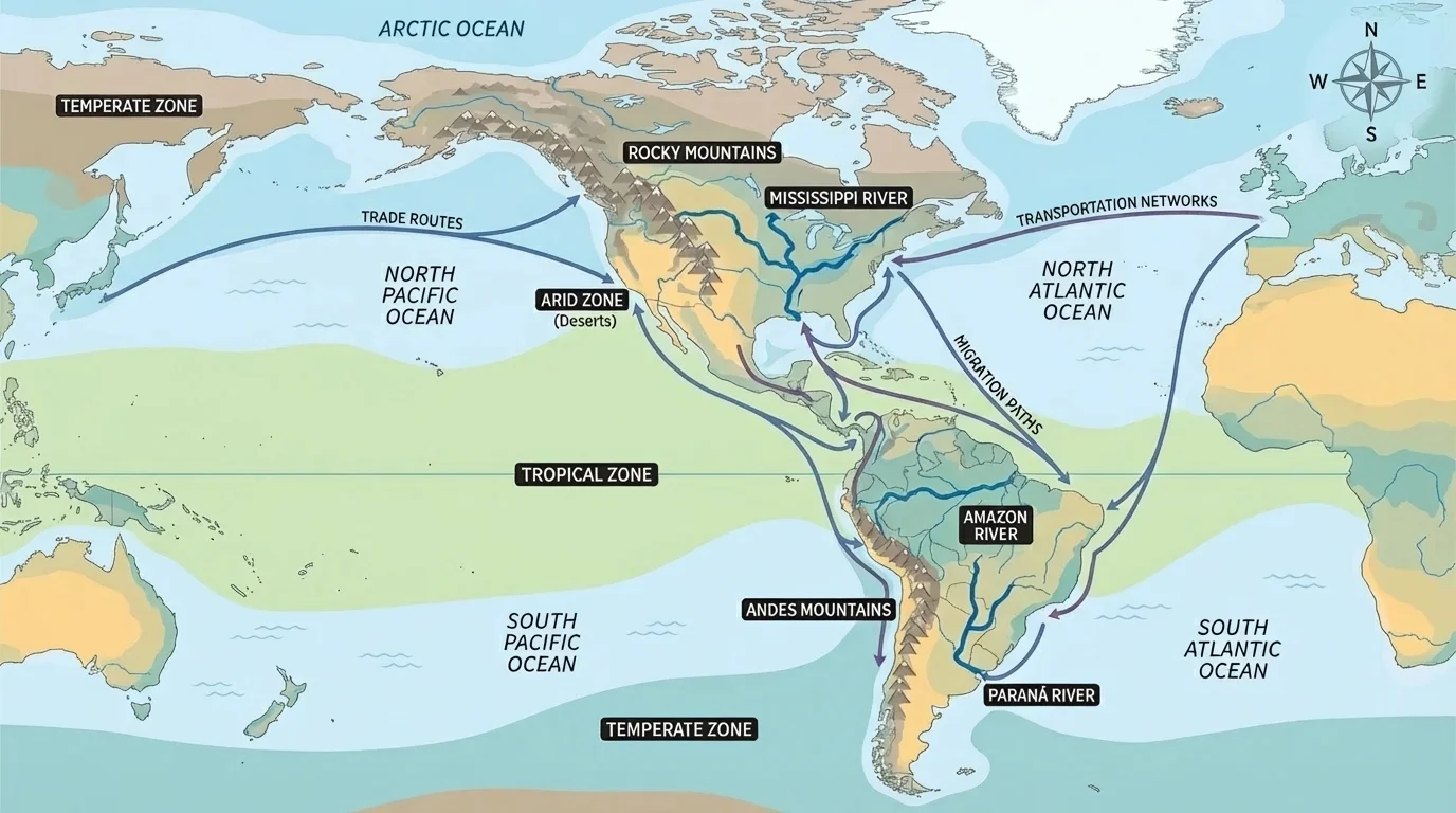 map of the Western Hemisphere showing major mountain ranges, key rivers, surrounding oceans, and broad climate zones such as tropical, temperate, and arid