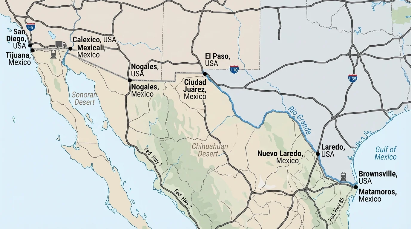 map of the U.S.-Mexico border highlighting major border cities, transportation routes, and the Rio Grande river