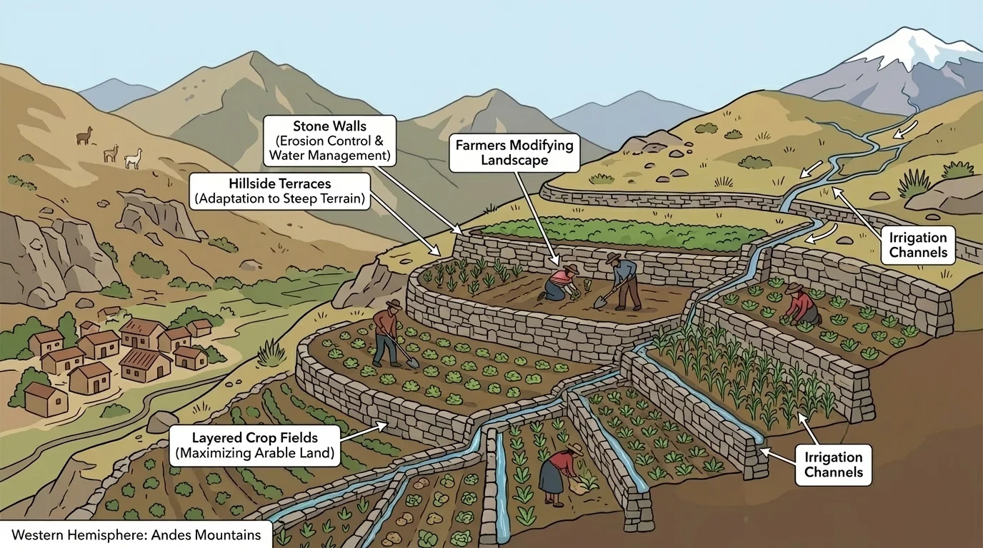 Hillside terraces in the Andes with stone walls, layered crop fields, and farmers using steep mountain slopes