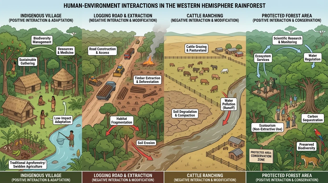 Split rainforest region showing an Indigenous village, logging road, cattle farm, and protected forest area to compare different land-use perspectives