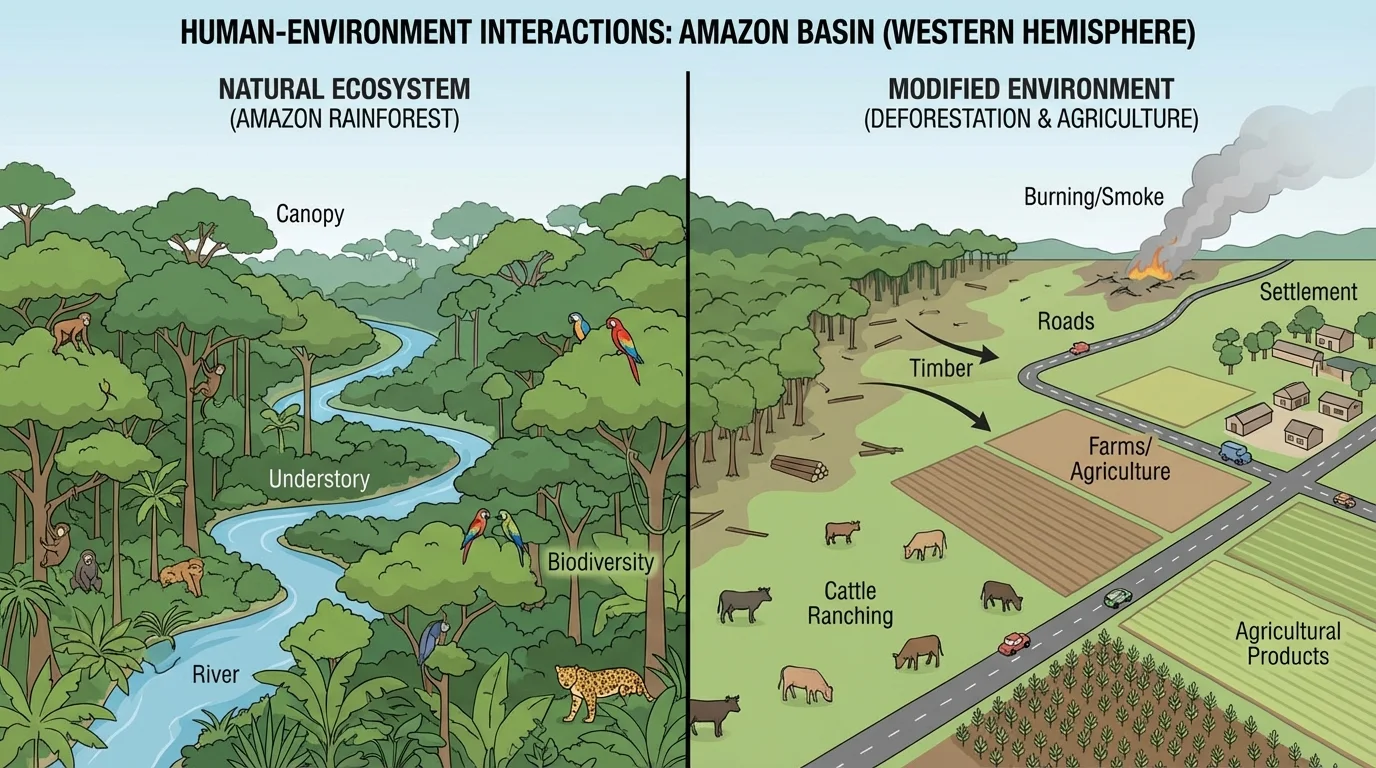 Side-by-side view of Amazon rainforest with dense trees on one side and cleared land with roads, farms, cattle, and smoke on the other