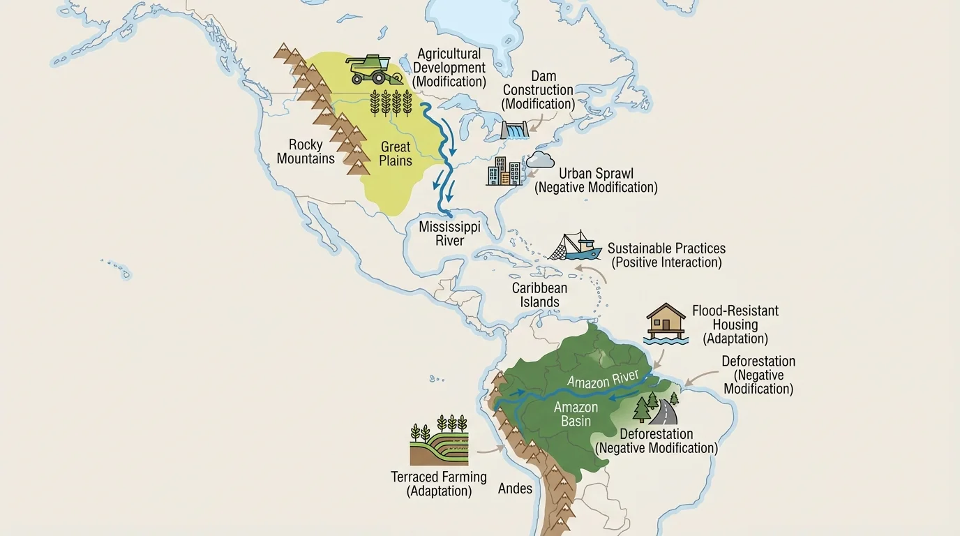 Simple map of the Western Hemisphere highlighting Rocky Mountains, Andes, Amazon Basin, Great Plains, Caribbean islands, Mississippi River, and Amazon River