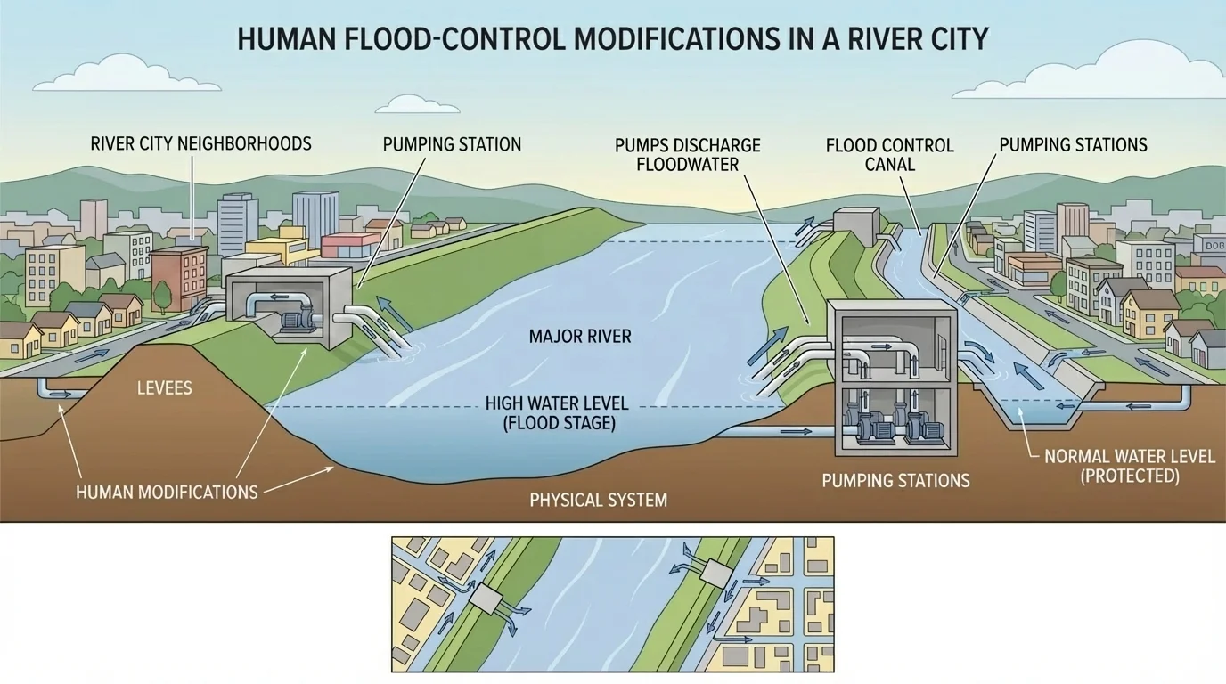 River city with levees, canal, pumps, neighborhoods, and water levels showing human flood-control modifications