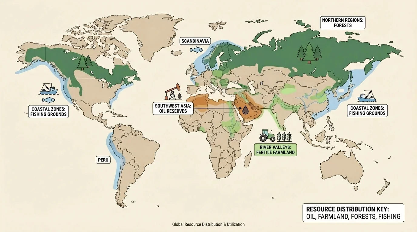 world map highlighting a few regions with key resources such as oil in Southwest Asia, fertile farmland in river valleys, forests in northern regions, and fishing zones near coasts