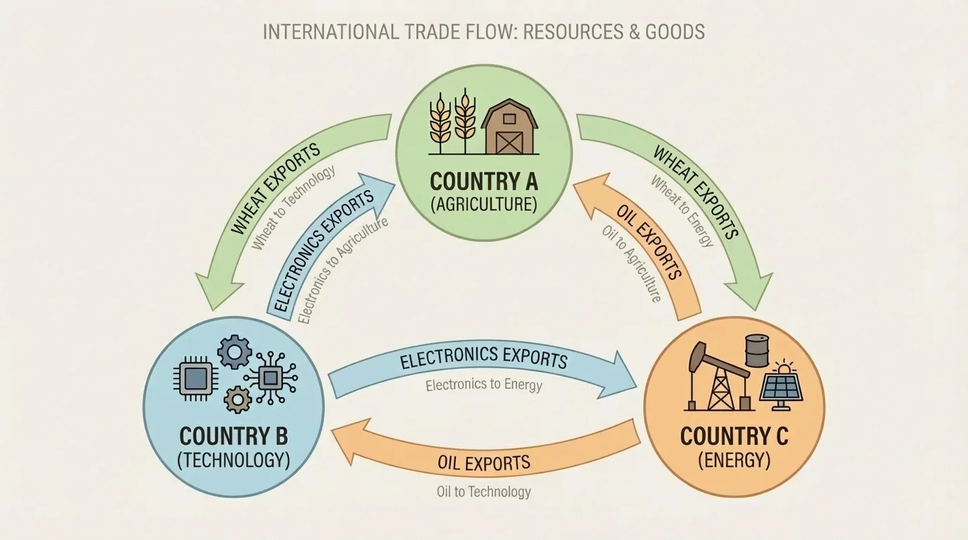 flowchart showing trade arrows between one country exporting wheat, another exporting electronics, and another exporting oil, with imports and exports labeled simply