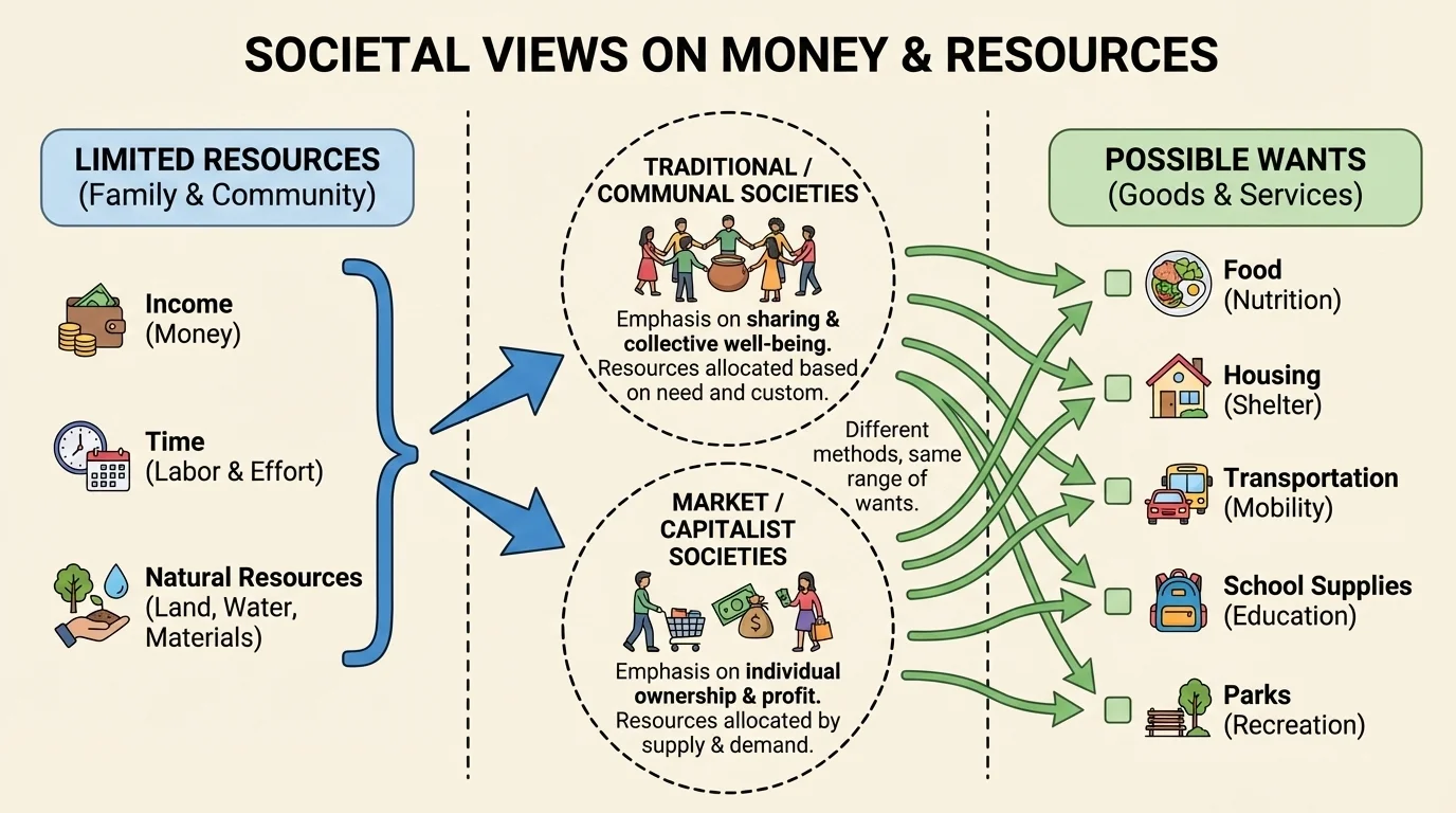 chart comparing limited family and community resources with several possible wants such as food, housing, transportation, school supplies, and parks