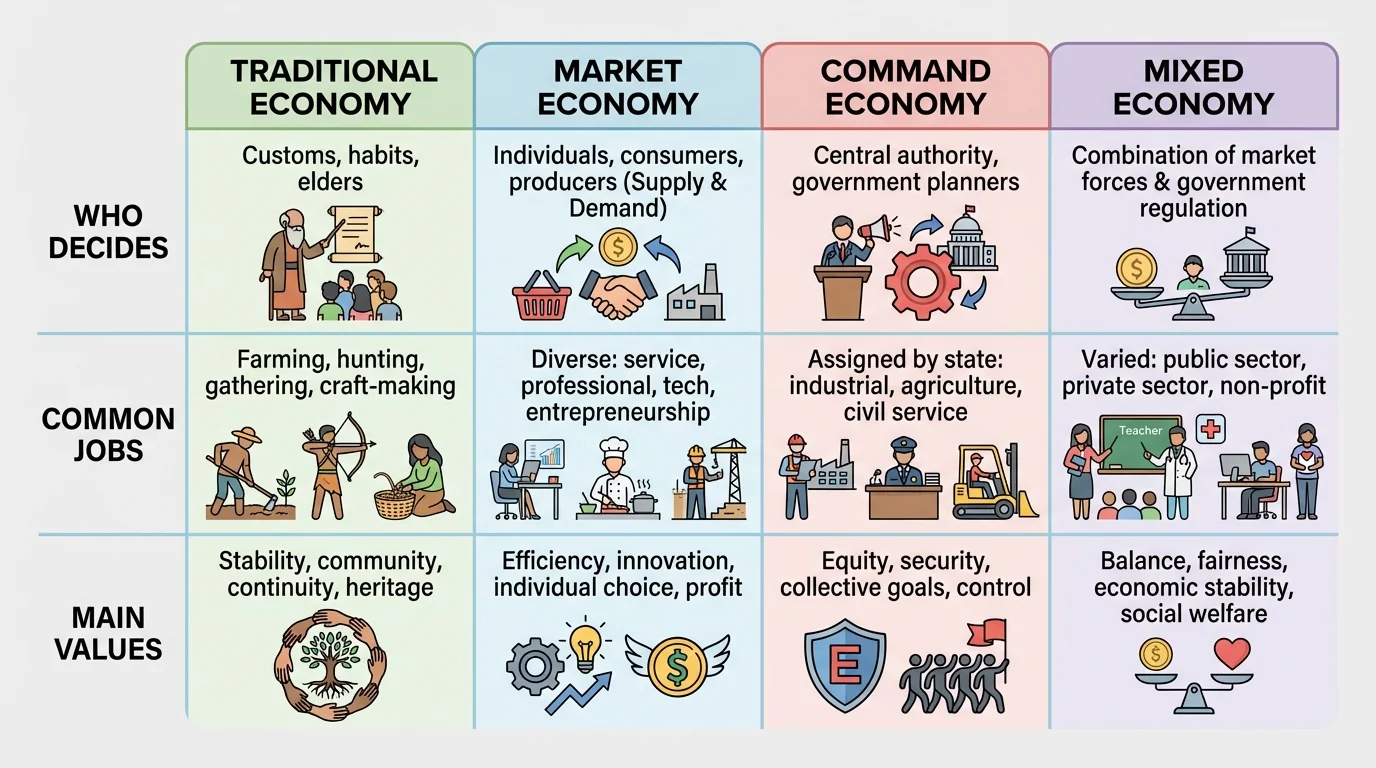four-column comparison chart of traditional, market, command, and mixed economies with rows for who decides, common jobs, and main values