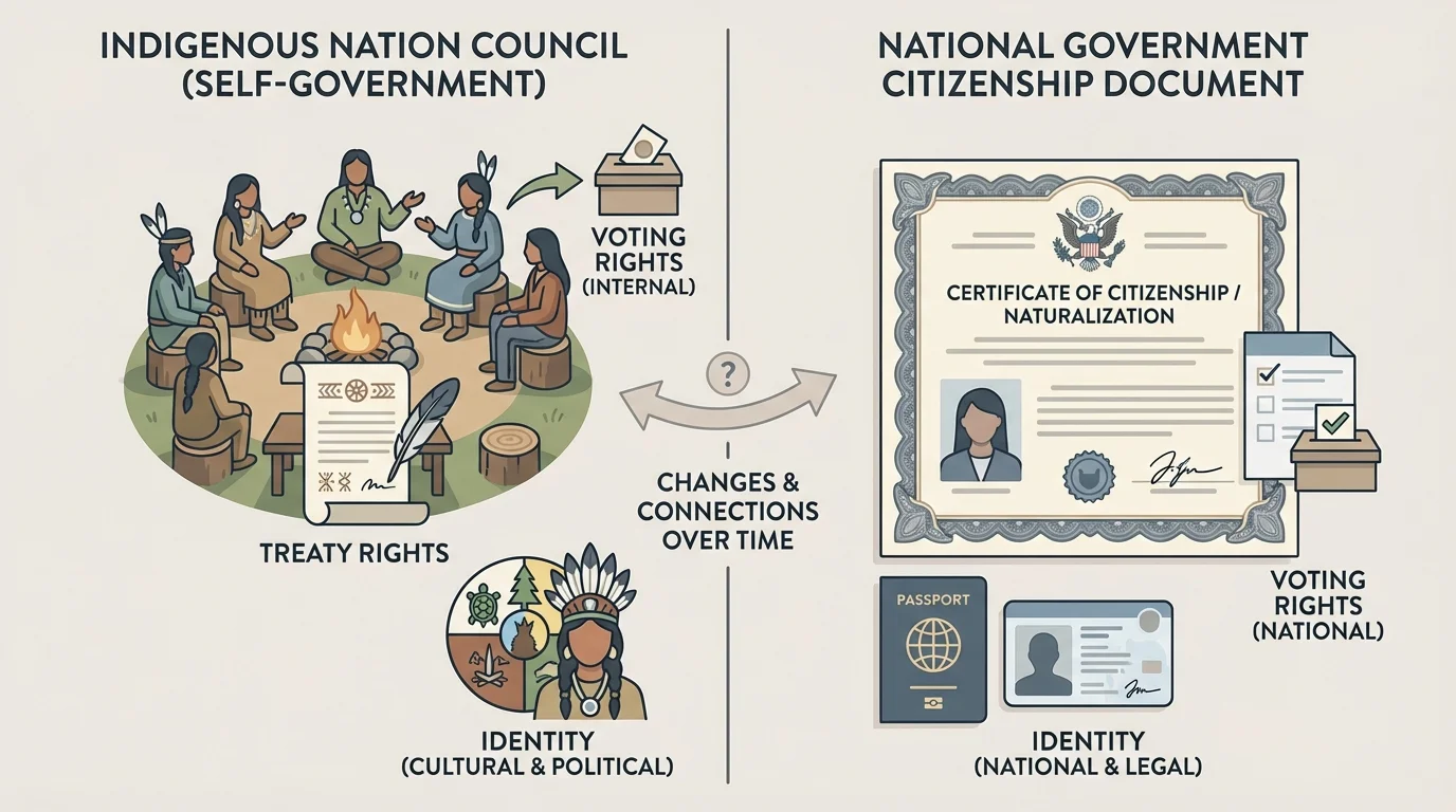 Two-column comparison showing an Indigenous nation council on one side and a national government citizenship document on the other, with concise labels for self-government, treaty rights, voting rights, and identity
