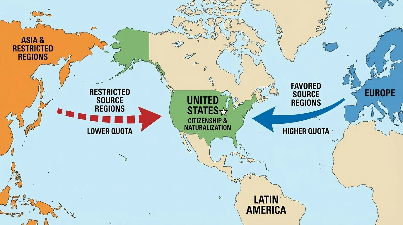 Simple map highlighting arrows from favored and restricted source regions to the United States, with brief labels such as higher quota and lower quota