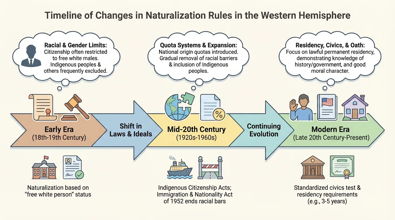 Timeline showing major changes in naturalization rules, including early racial limits, later expansion of eligibility, and modern residency and civics requirements
