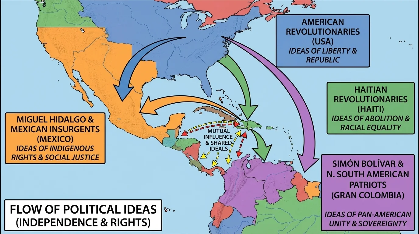 map of the Western Hemisphere highlighting the movement of political ideas among the United States, Haiti, Mexico, and northern South America, with arrows showing the spread of independence and rights-based ideas