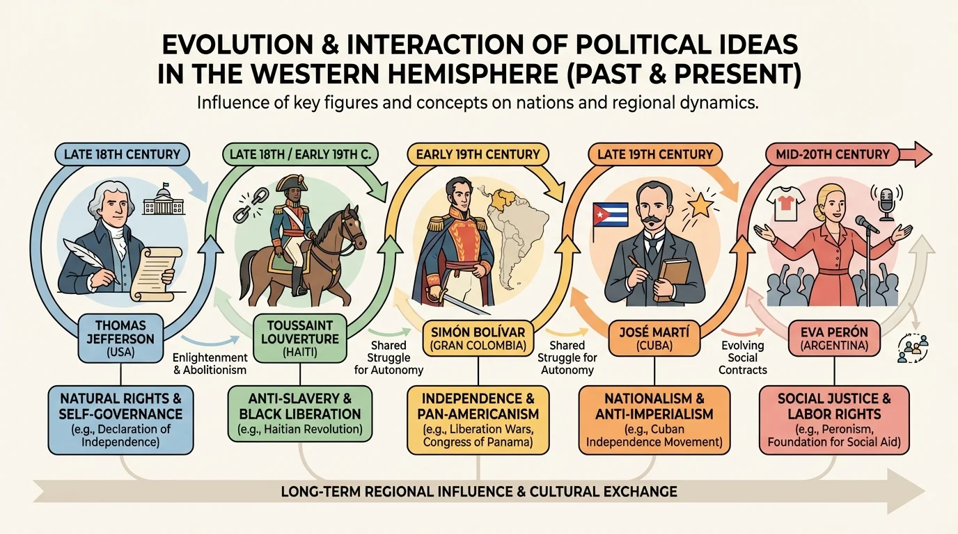 timeline showing Thomas Jefferson, Toussaint Louverture, Simón Bolívar, José Martí, and Eva Perón in chronological order with short labels such as natural rights, anti-slavery, independence, nationalism, and social justice