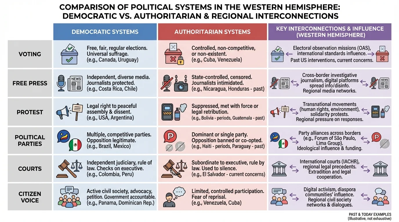 chart comparing democratic and authoritarian systems in the Western Hemisphere with rows for voting, free press, protest, political parties, courts, and citizen voice