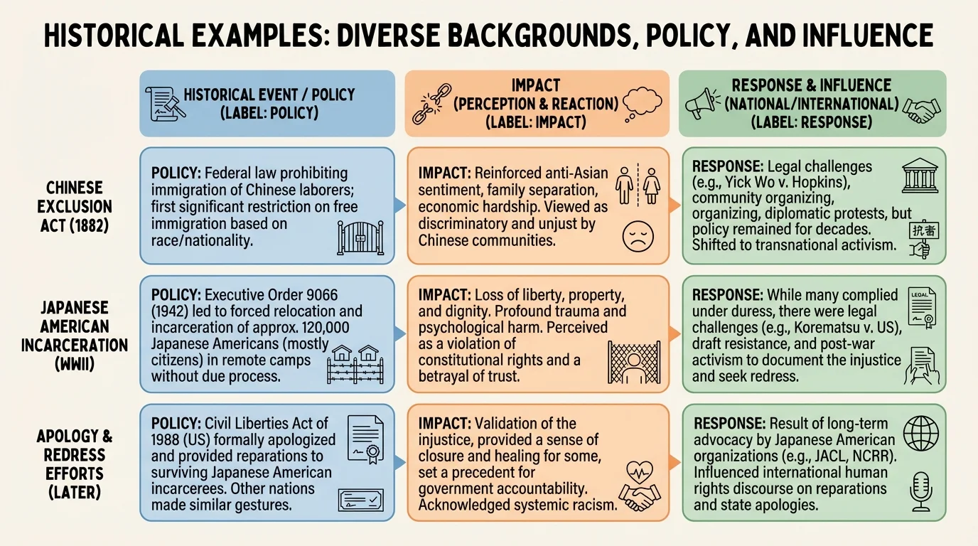 Comparison chart showing Chinese Exclusion Act, Japanese American incarceration during World War II, and later apology and redress efforts, with short labels for policy, impact, and response