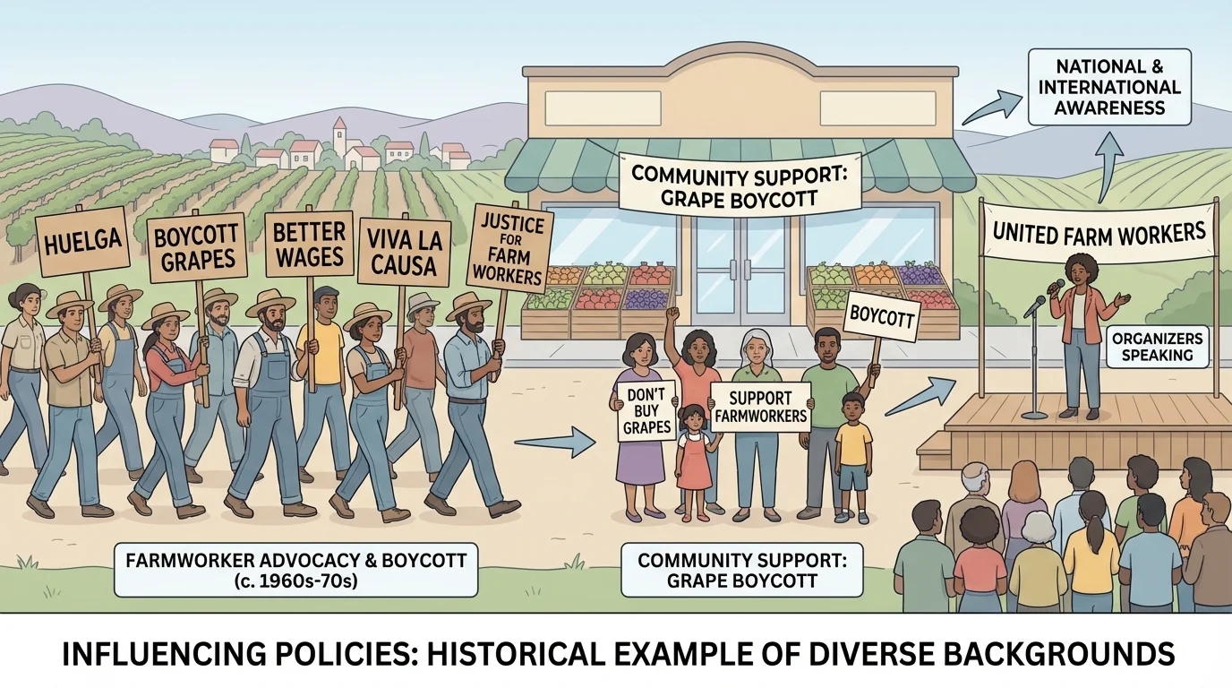 Illustration of farmworkers marching with simple signs, community members supporting a grape boycott, and organizers speaking to a crowd