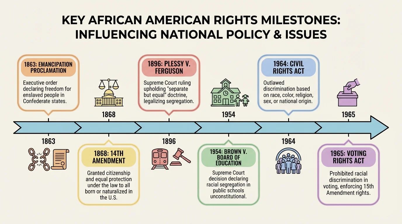 Timeline with key African American rights milestones including Emancipation Proclamation, 14th Amendment, Plessy v. Ferguson, Brown v. Board of Education, Civil Rights Act, and Voting Rights Act