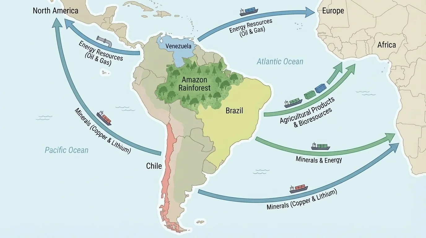 Map of South America highlighting the Amazon rainforest, Brazil, Venezuela, Chile, and trade connections to the wider world.
