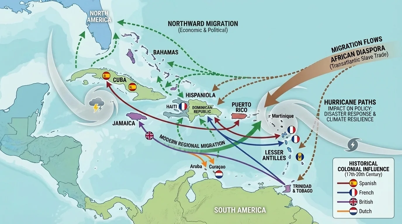 Map of the Caribbean labeling major islands and showing colonial links, migration routes, and hurricane paths that shape political decisions.