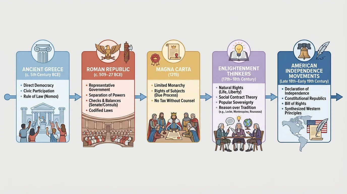 Timeline with Ancient Greece, Roman Republic, Magna Carta, Enlightenment thinkers, and American independence movements