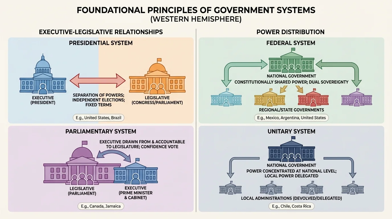 Comparison chart showing executive-legislative relationships and power distribution in presidential, parliamentary, federal, and unitary systems