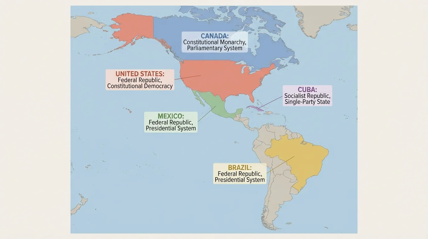 Map of the Western Hemisphere highlighting Canada, United States, Mexico, Brazil, and Cuba with simple government labels