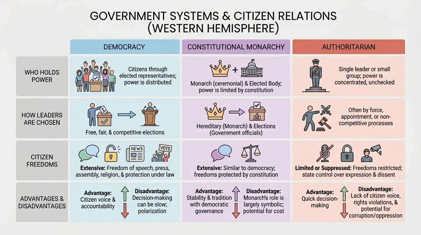 comparison chart of democracy, constitutional monarchy, and authoritarian government showing who holds power, how leaders are chosen, and citizen freedoms