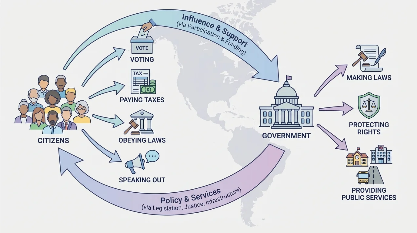 flowchart showing citizens voting, paying taxes, obeying laws, and speaking out, while government makes laws, protects rights, and provides public services