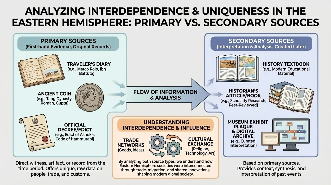 Chart comparing primary and secondary sources with examples such as traveler diary, coin, official decree, artifact, textbook, and historian article