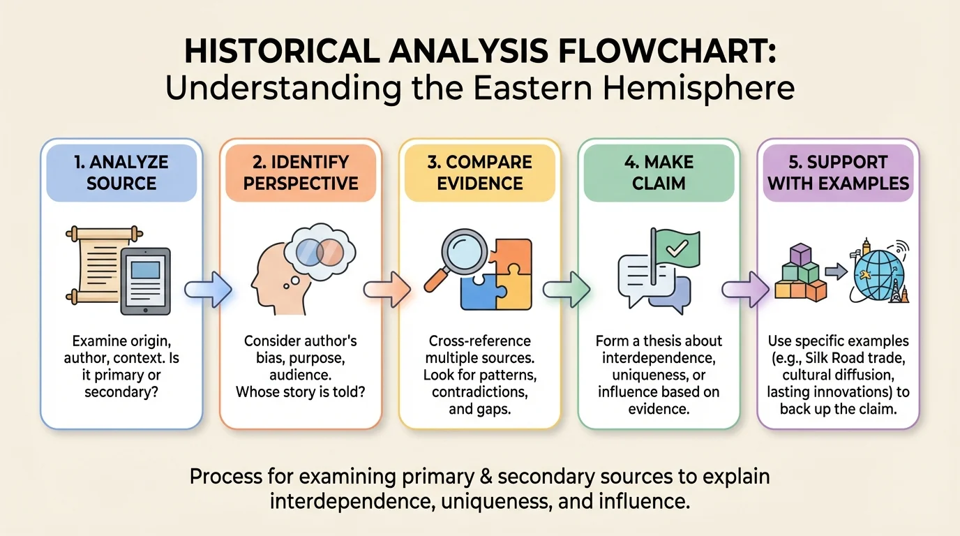 Flowchart showing steps analyze source, identify perspective, compare evidence, make claim, support with examples