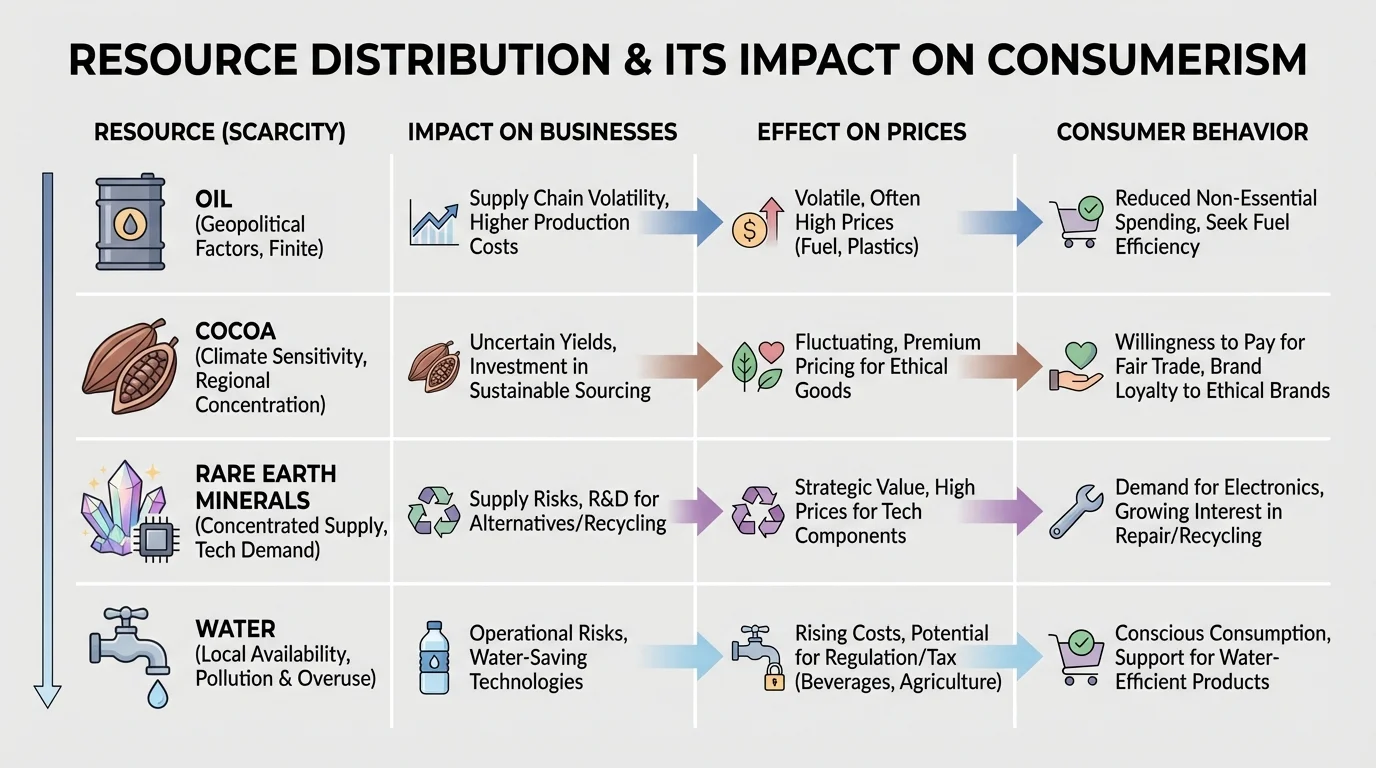 Chart comparing oil, cocoa, rare earth minerals, and water scarcity with effects on businesses, prices, and consumer behavior